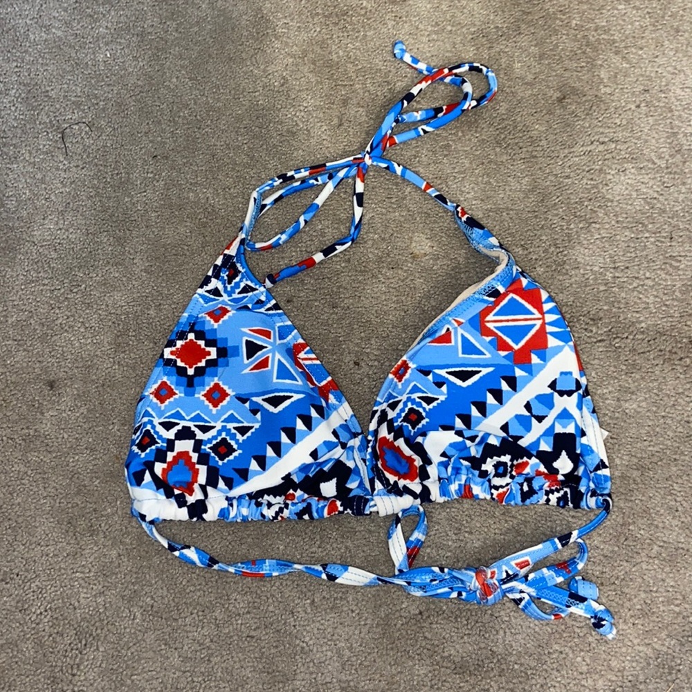 Aztec print blue white and red bikini top